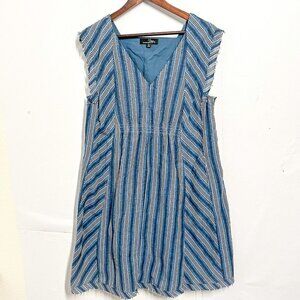 Susan Bentro Women's Dress Size XL Blue Striped Textured Knee Length Raw Hem